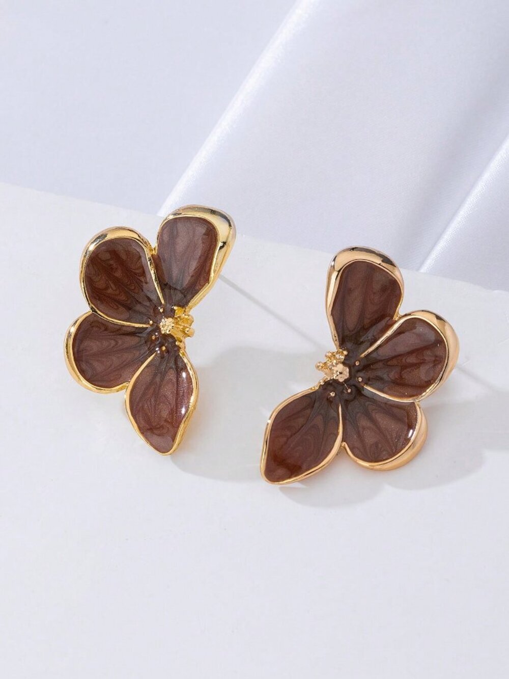 brown Women's Handpainted Enamel Golden floral Earrings